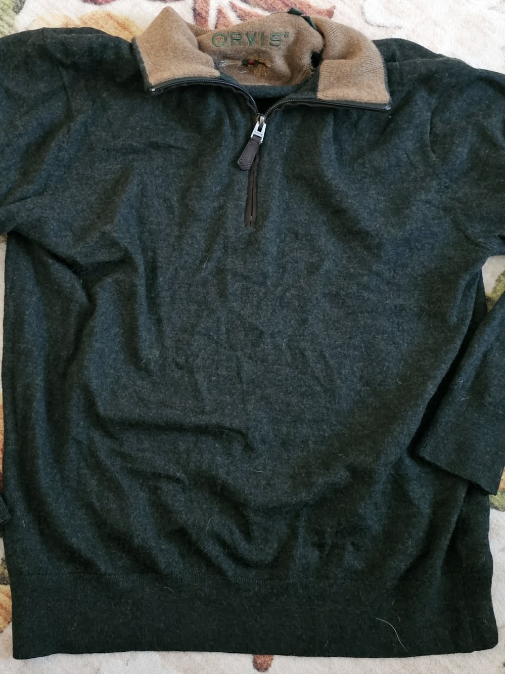 Orvis Men's Forest Green Half-Zip Sweater with Tan Collar